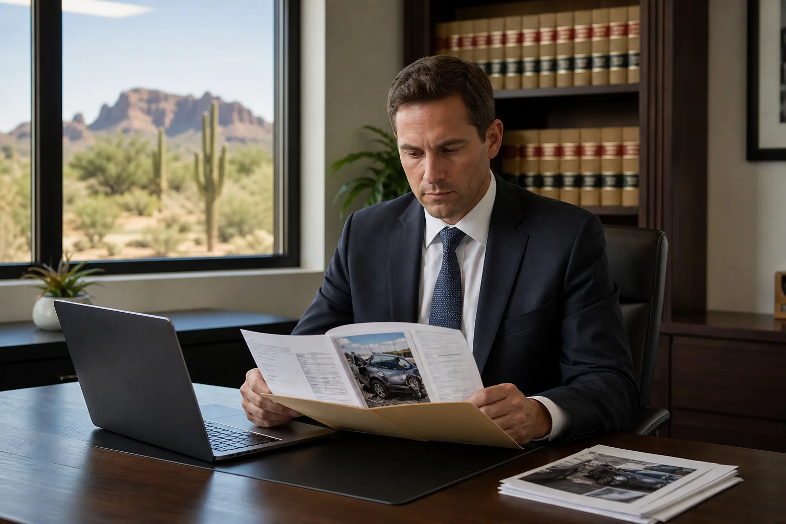 Valley Accident Law | Is It Worth Getting a Lawyer After a Phoenix Car Accident An Arizona personal injury attorney reviewing car accident case documents at a Scottsdale law office desk