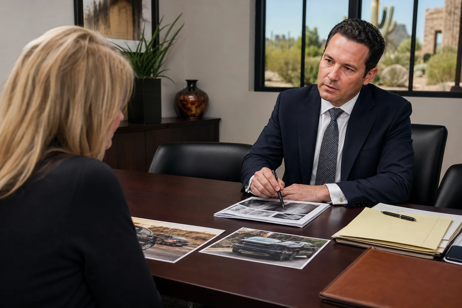 Valley Accident Law | What Is My Injury Claim Worth in Arizona and What Drives the Number A Phoenix metro car accident scene with two vehicles off a sunlit Arizona roadway, illustrating the crash evidence that determines injury claim value