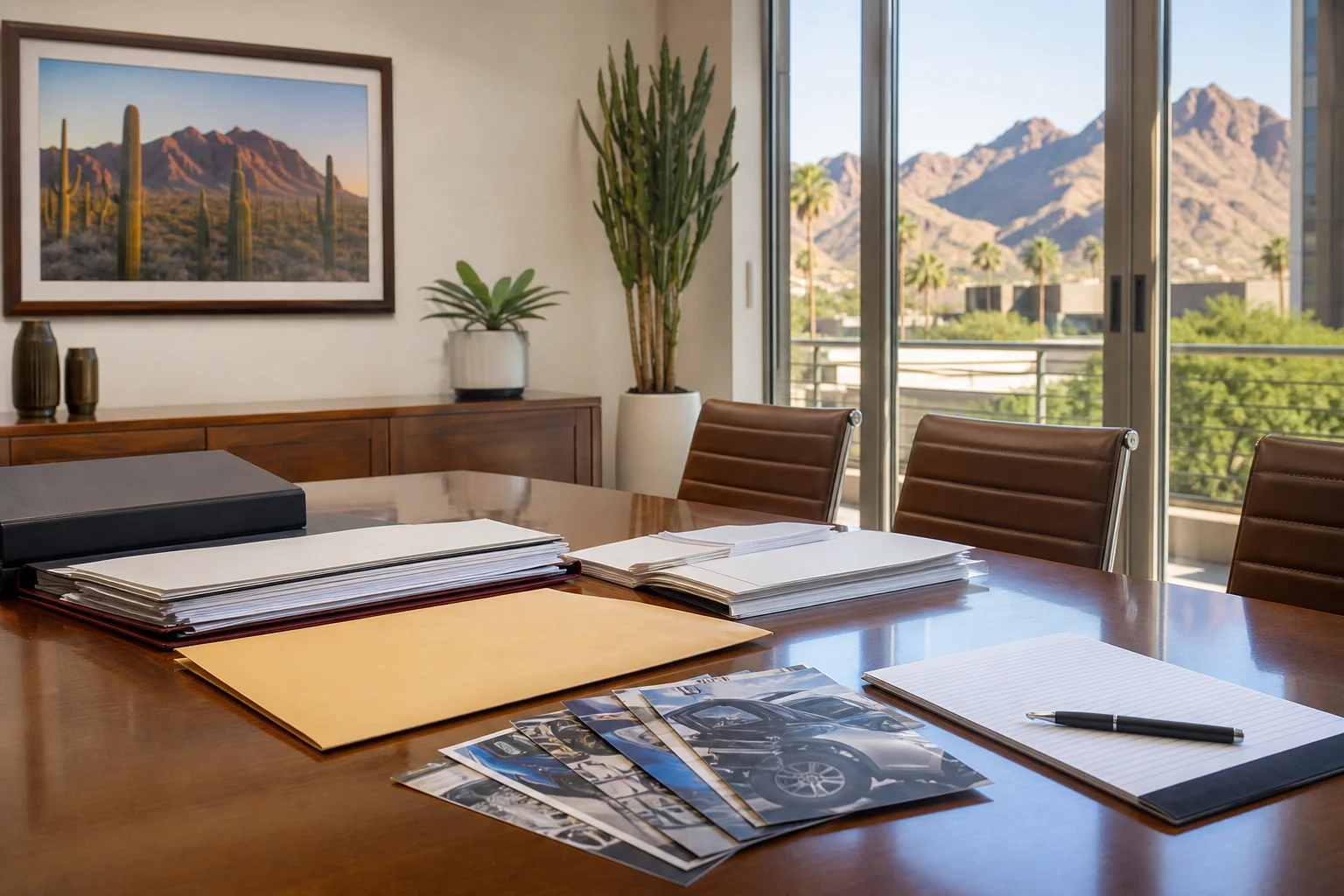 Valley Accident Law | What to Bring to a Free Case Review in Scottsdale Organized legal documents and medical records on a conference table in a Scottsdale law office, representing what to bring to a free case review in Scottsdale