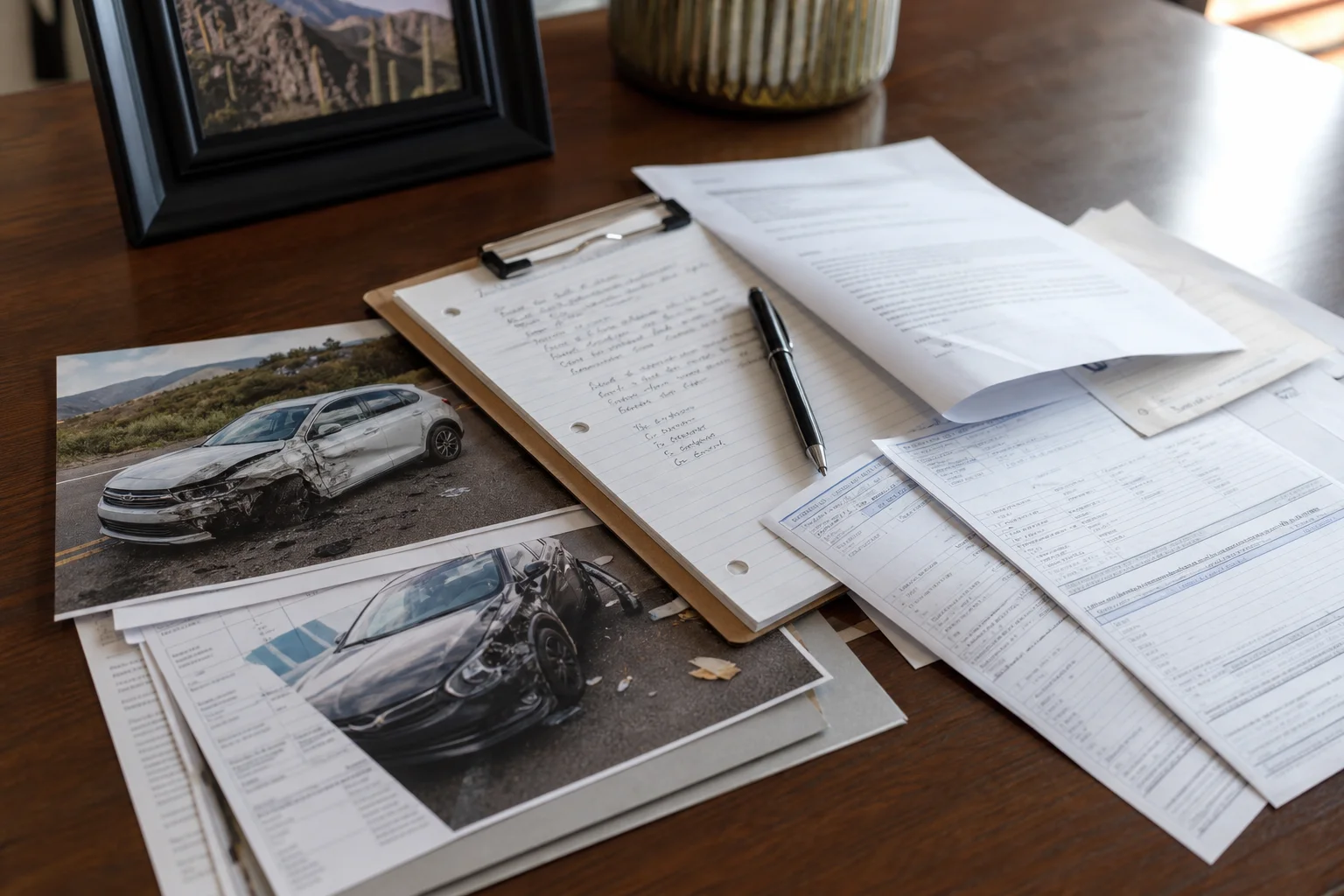 Valley Accident Law | What to Bring to a Free Case Review in Scottsdale Neatly organized accident photos, insurance correspondence, and medical bills arranged on a desk in a professional Scottsdale law office, natural side lighting