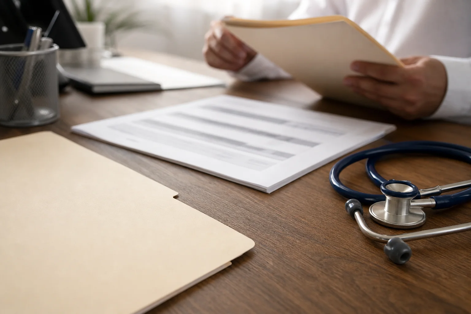 Valley Accident Law | The Adjuster Says Your Health Plan Already Paid: Arizona's Collateral Source Rule Blurred insurance claim documents and medical paperwork on a settlement negotiation desk