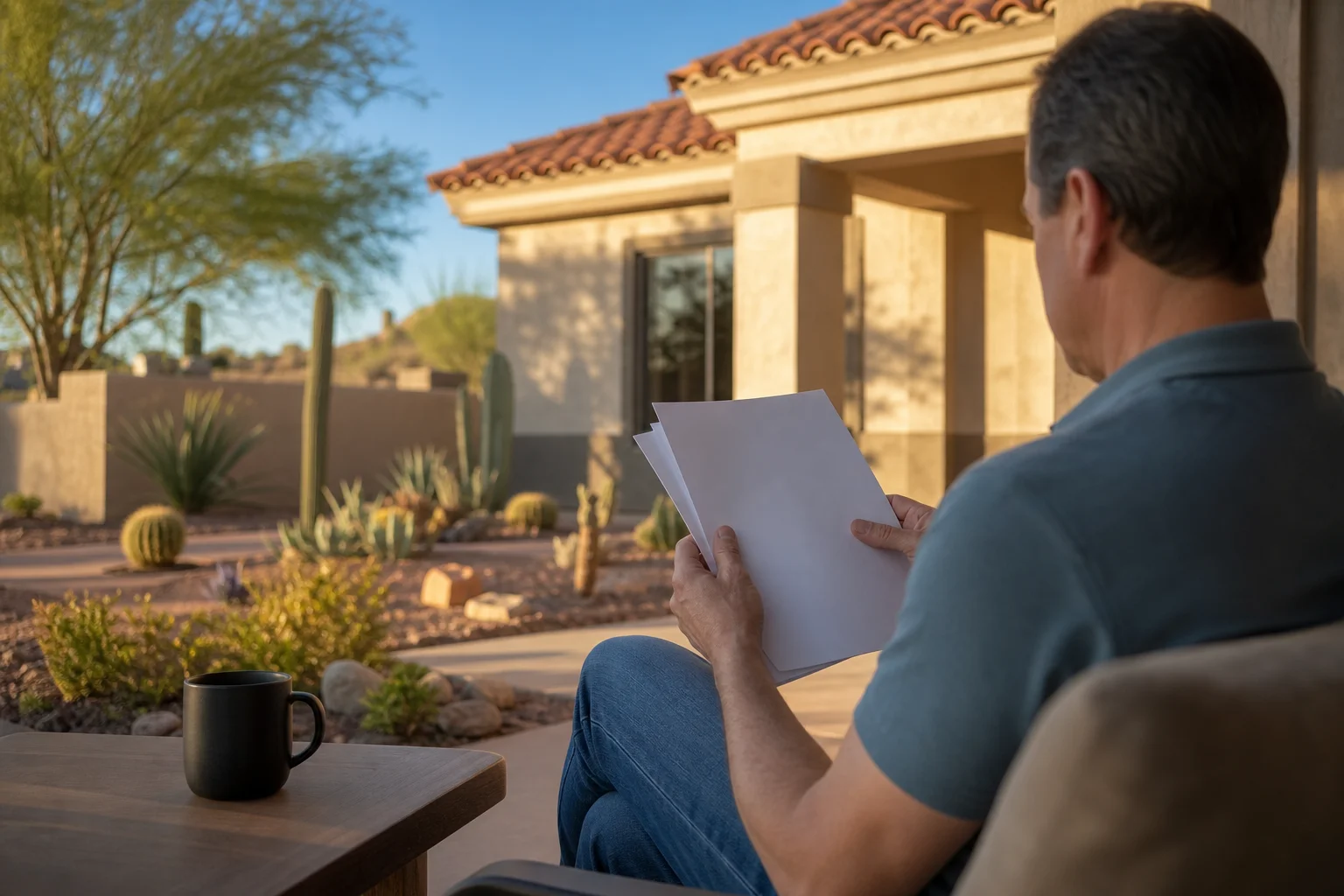 Homeowner reviewing an insurance policy on the porch of a Scottsdale style Arizona home