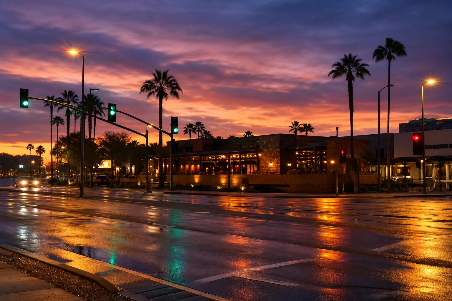 Scottsdale road at night symbolizing Arizona dram shop and social host liability after a DUI crash
