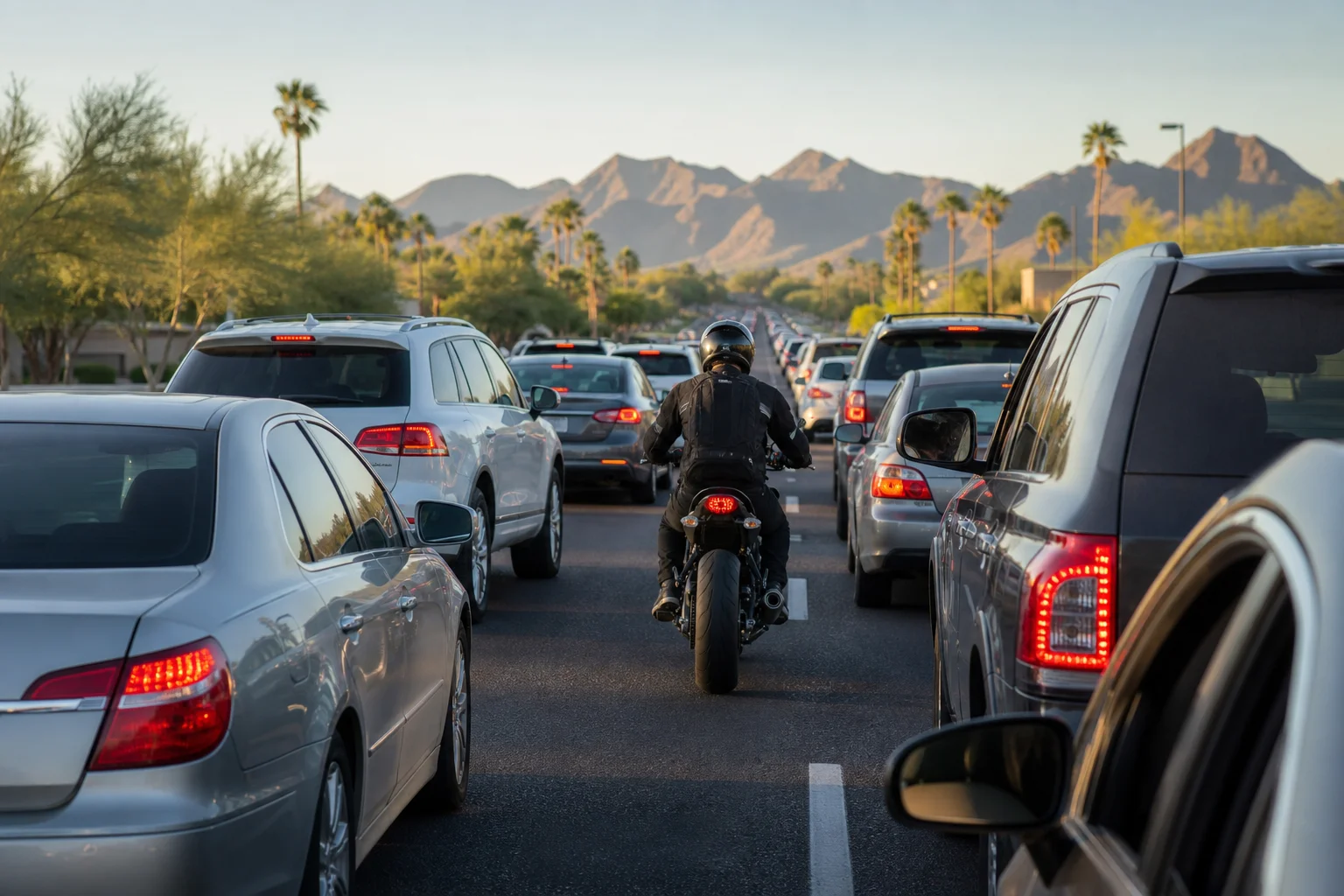 Valley Accident Law | Arizona Lane Filtering Law Explained: Who Is at Fault When a Filtering Rider Is Hit Motorcyclist practicing legal Arizona lane filtering between stopped lanes of traffic near Scottsdale