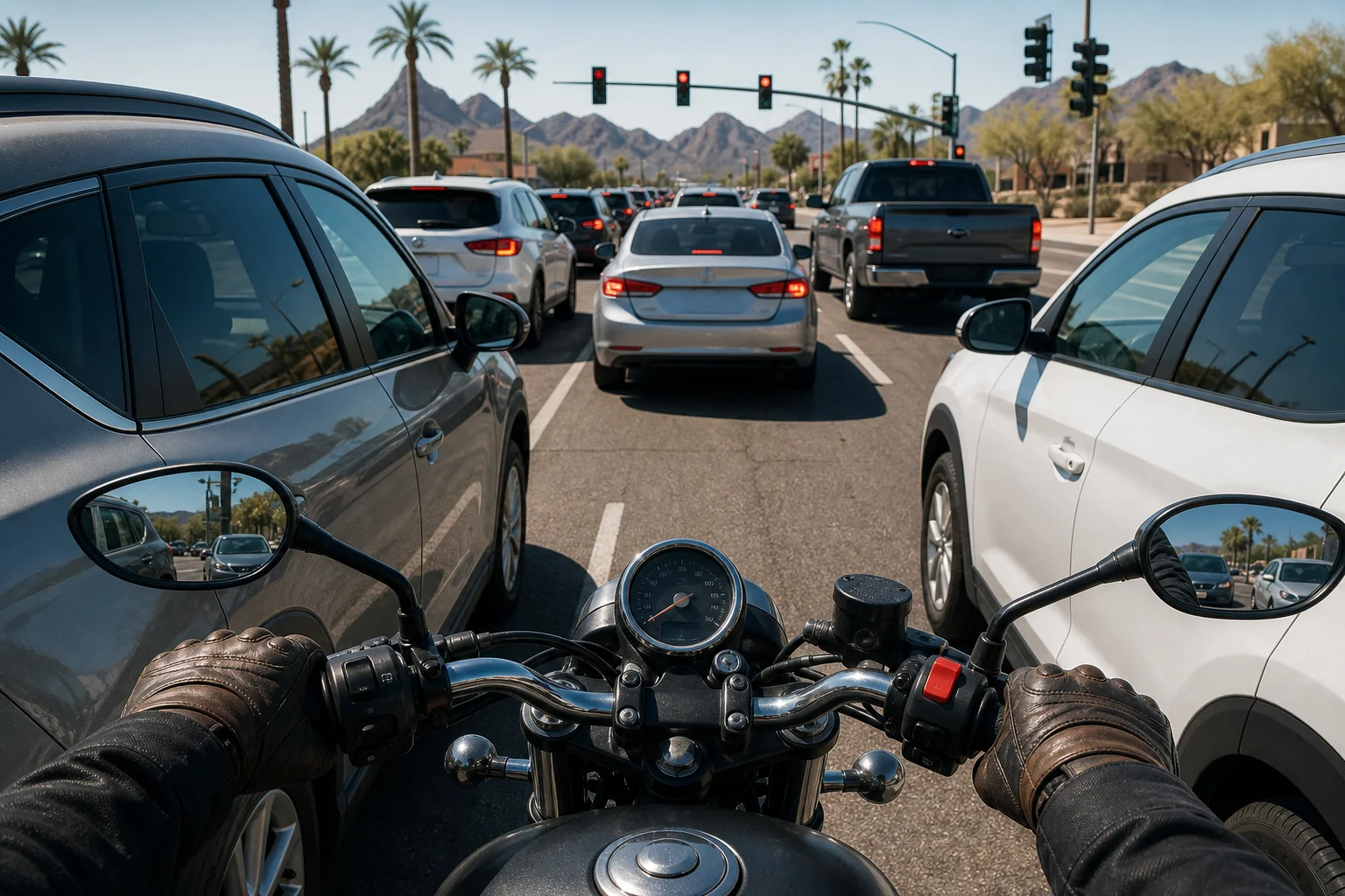 Valley Accident Law | Arizona Lane Filtering Law Explained: Who Is at Fault When a Filtering Rider Is Hit Motorcyclist filtering at low speed between two lanes of stopped Phoenix metro traffic