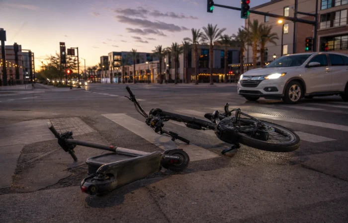 A tipped-over rental electric scooter near a Tempe crosswalk, illustrating e scooter and e bike injuries in Tempe A tipped-over rental electric scooter near a Tempe crosswalk, illustrating e scooter and e bike injuries in Tempe