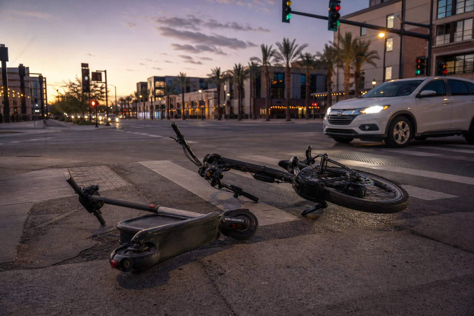 A tipped-over rental electric scooter near a Tempe crosswalk, illustrating e scooter and e bike injuries in Tempe