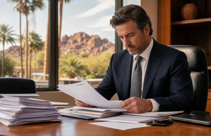 Attorney reviewing medical bills and paperwork while explaining how pain and suffering is actually valued in an Arizona injury claim Attorney reviewing medical bills and paperwork while explaining how pain and suffering is actually valued in an Arizona injury claim