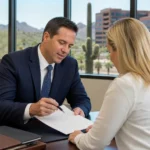 Arizona injury attorney reviewing a contingency fee agreement with a client Arizona injury attorney reviewing a contingency fee agreement with a client