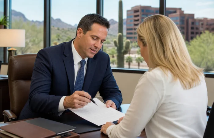 Arizona injury attorney reviewing a contingency fee agreement with a client Arizona injury attorney reviewing a contingency fee agreement with a client