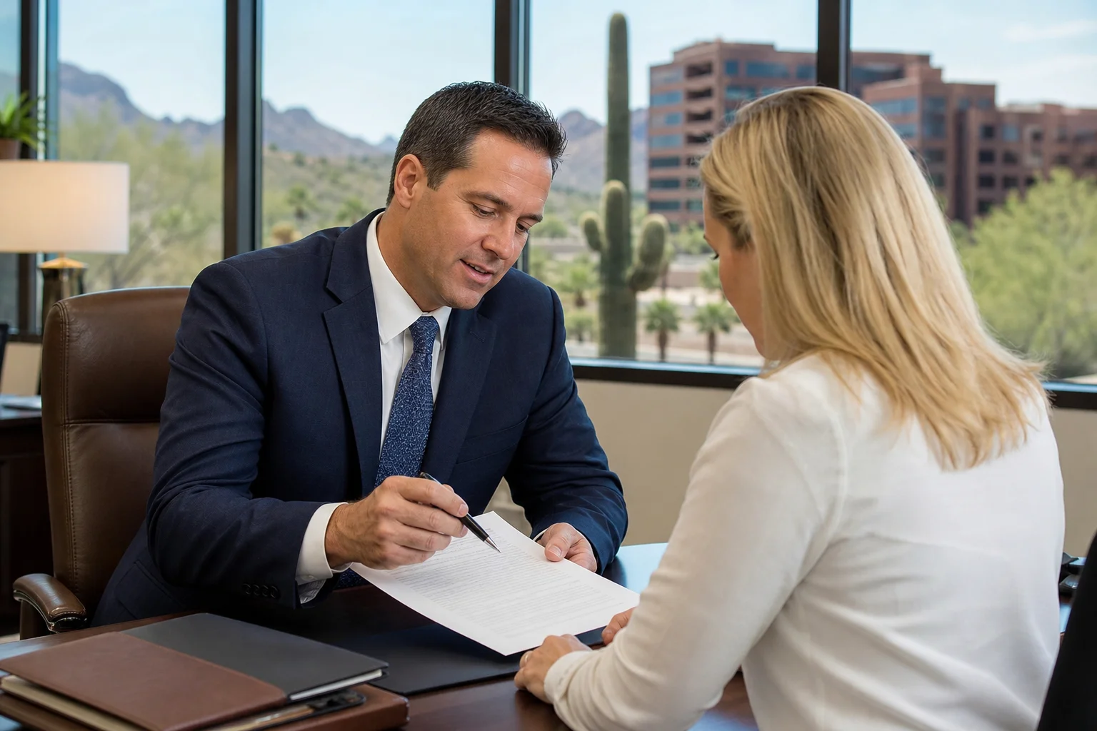 Arizona injury attorney reviewing a contingency fee agreement with a client