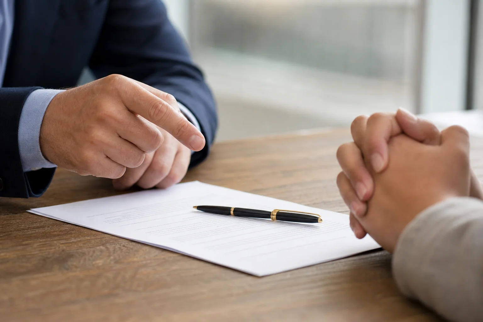 Valley Accident Law | How Personal Injury Contingency Fees Work in Arizona Attorney and client reviewing a contingency fee agreement document at a desk in an Arizona law office