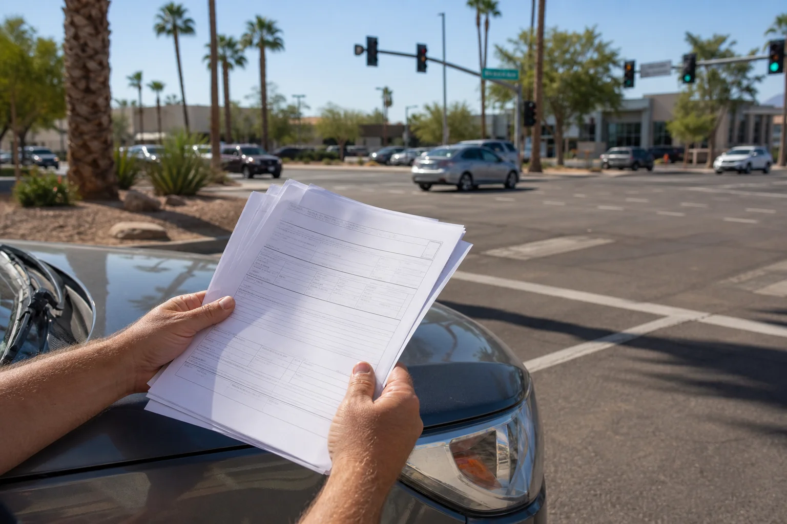 Hands holding a printed Tempe police accident report near a Phoenix-area intersection, illustrating how to get and read your Tempe police accident report in Arizona