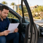Injured driver reviewing a settlement offer letter beside a damaged car on a Scottsdale roadway Injured driver reviewing a settlement offer letter beside a damaged car on a Scottsdale roadway
