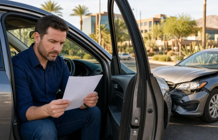 Injured driver reviewing a settlement offer letter beside a damaged car on a Scottsdale roadway Injured driver reviewing a settlement offer letter beside a damaged car on a Scottsdale roadway