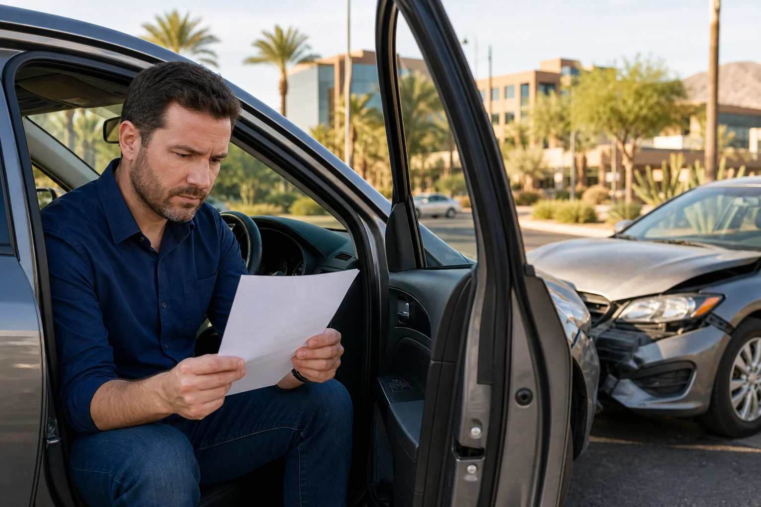 Injured driver reviewing a settlement offer letter beside a damaged car on a Scottsdale roadway
