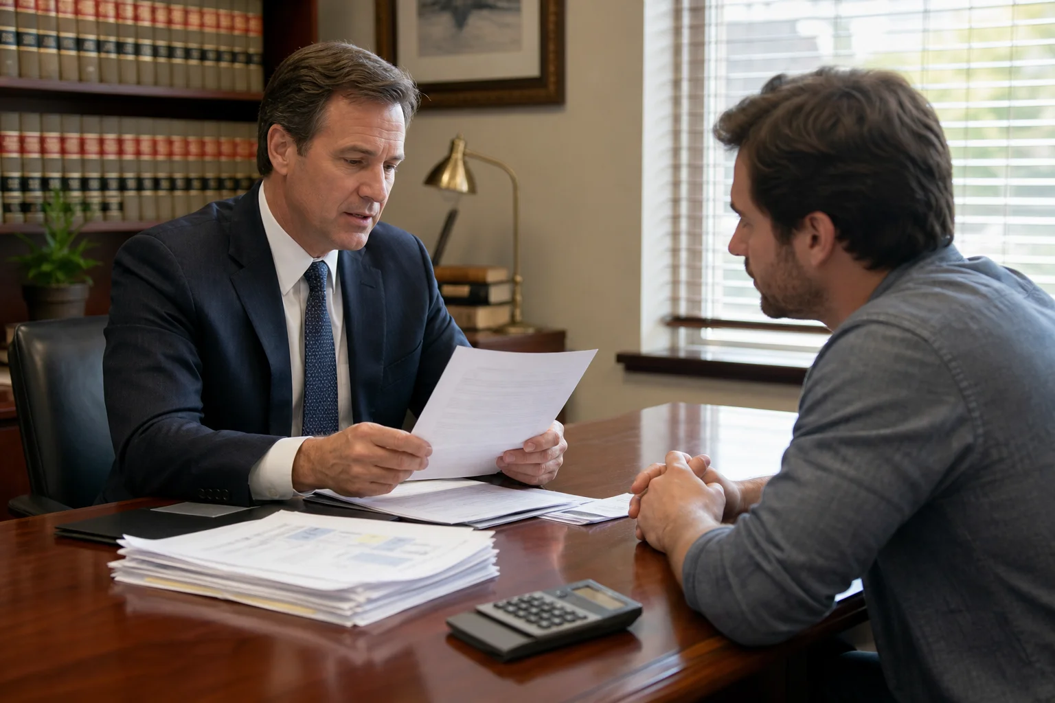 Valley Accident Law | Should You Accept the First Insurance Offer After an Arizona Injury Attorney and client reviewing a settlement offer document at a desk with a calculator and medical bills nearby