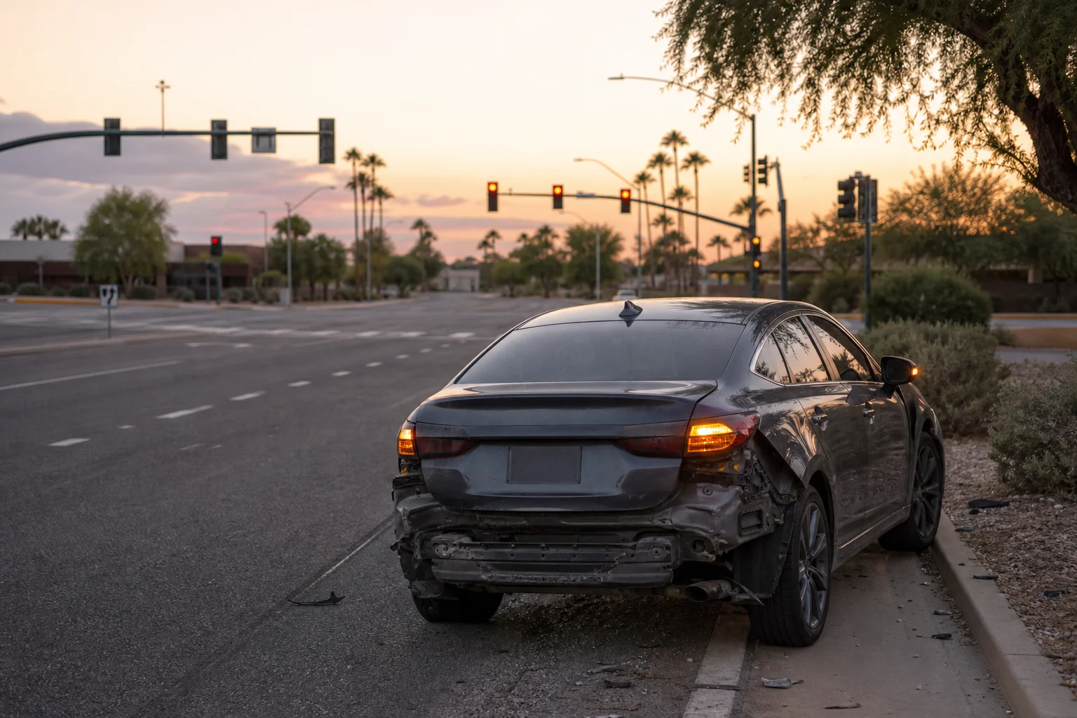 Empty Glendale intersection at dusk showing how uninsured motorist coverage pays for a phantom vehicle or no contact hit and run