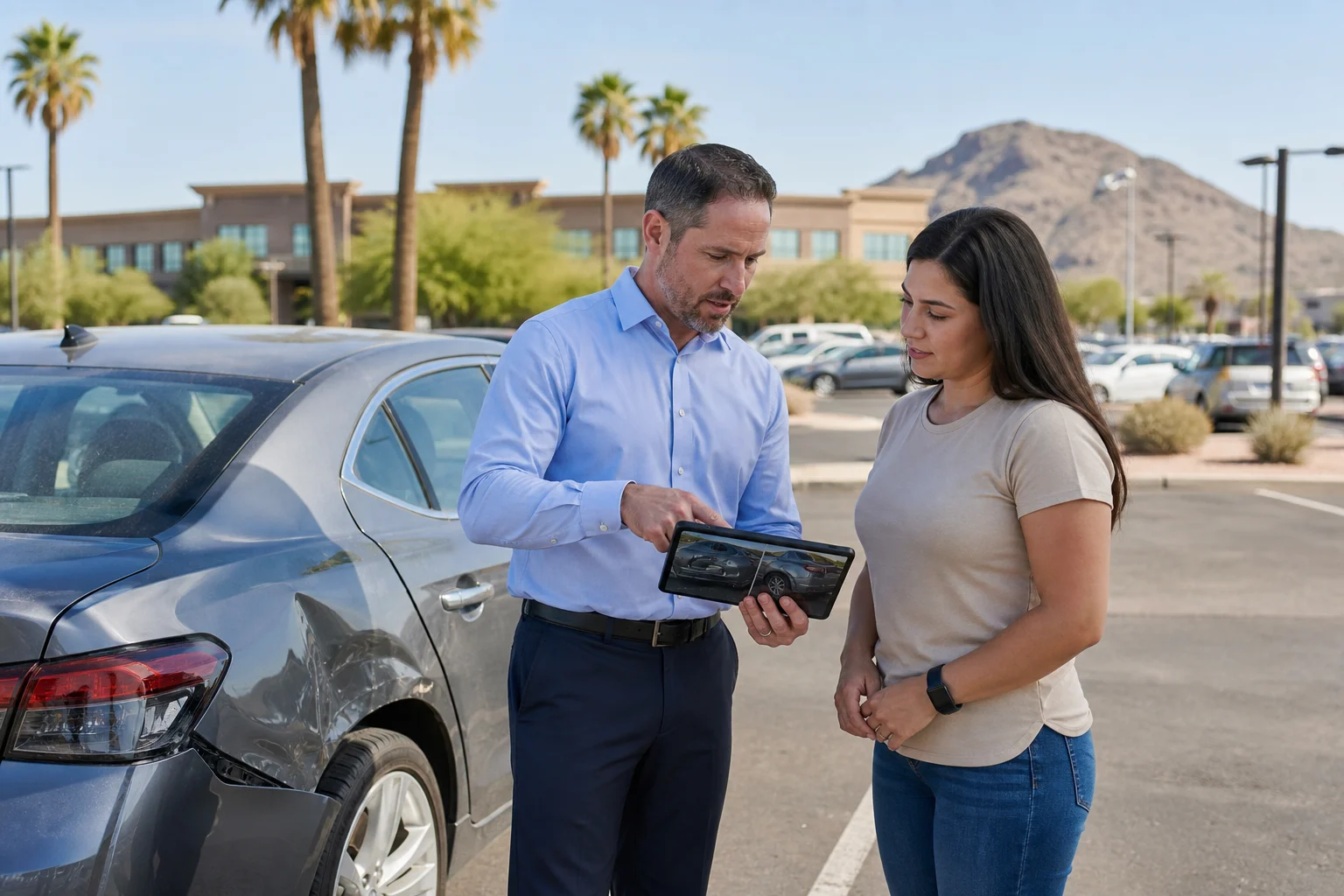 Valley Accident Law | How Uninsured Motorist Coverage Pays for a Phantom Vehicle or No Contact Hit and Run in Glendale Insurance adjuster and driver reviewing vehicle damage photos on a tablet beside a dented car in a parking lot