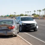 Two vehicles stopped on a Mesa, Arizona roadway shoulder with hazard lights on after a car accident Two vehicles stopped on a Mesa, Arizona roadway shoulder with hazard lights on after a car accident