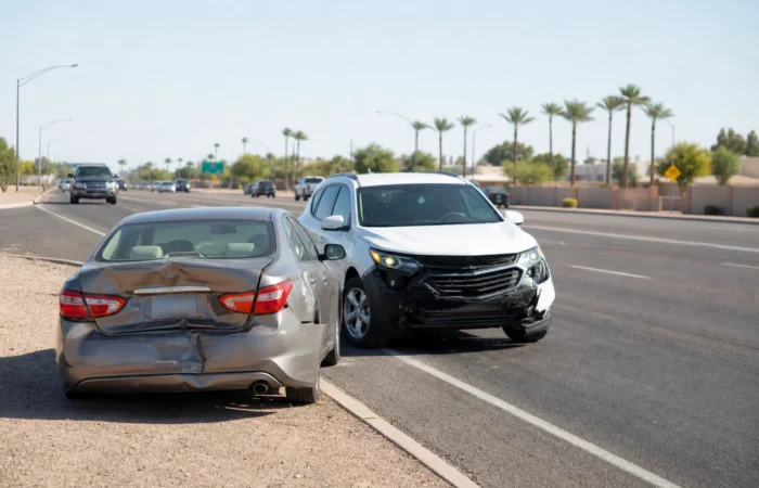 Two vehicles stopped on a Mesa, Arizona roadway shoulder with hazard lights on after a car accident Two vehicles stopped on a Mesa, Arizona roadway shoulder with hazard lights on after a car accident