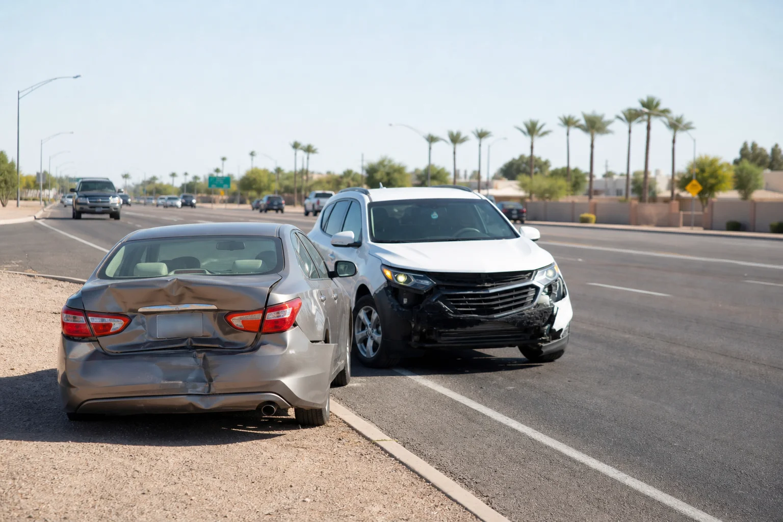 Two vehicles stopped on a Mesa, Arizona roadway shoulder with hazard lights on after a car accident