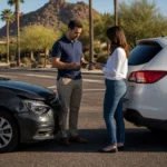 Two drivers exchanging insurance information after a car accident at a Scottsdale intersection, illustrating what to do when the insurer blames you for part of an Arizona crash Two drivers exchanging insurance information after a car accident at a Scottsdale intersection, illustrating what to do when the insurer blames you for part of an Arizona crash