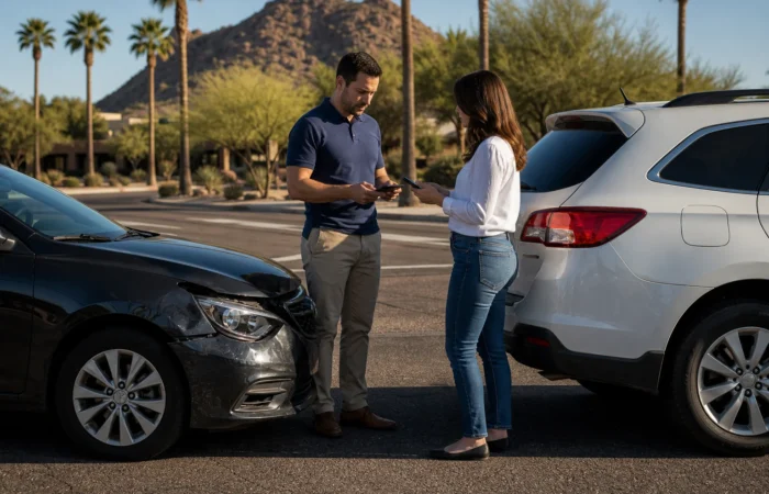 Two drivers exchanging insurance information after a car accident at a Scottsdale intersection, illustrating what to do when the insurer blames you for part of an Arizona crash Two drivers exchanging insurance information after a car accident at a Scottsdale intersection, illustrating what to do when the insurer blames you for part of an Arizona crash