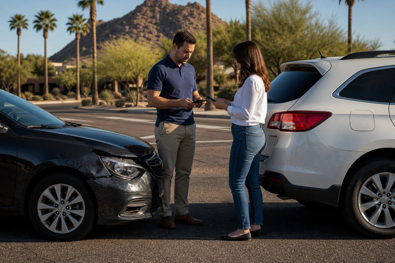 Valley Accident Law | What to Do When the Insurer Blames You for Part of an Arizona Crash Two drivers exchanging insurance information after a car accident at a Scottsdale intersection, illustrating what to do when the insurer blames you for part of an Arizona crash
