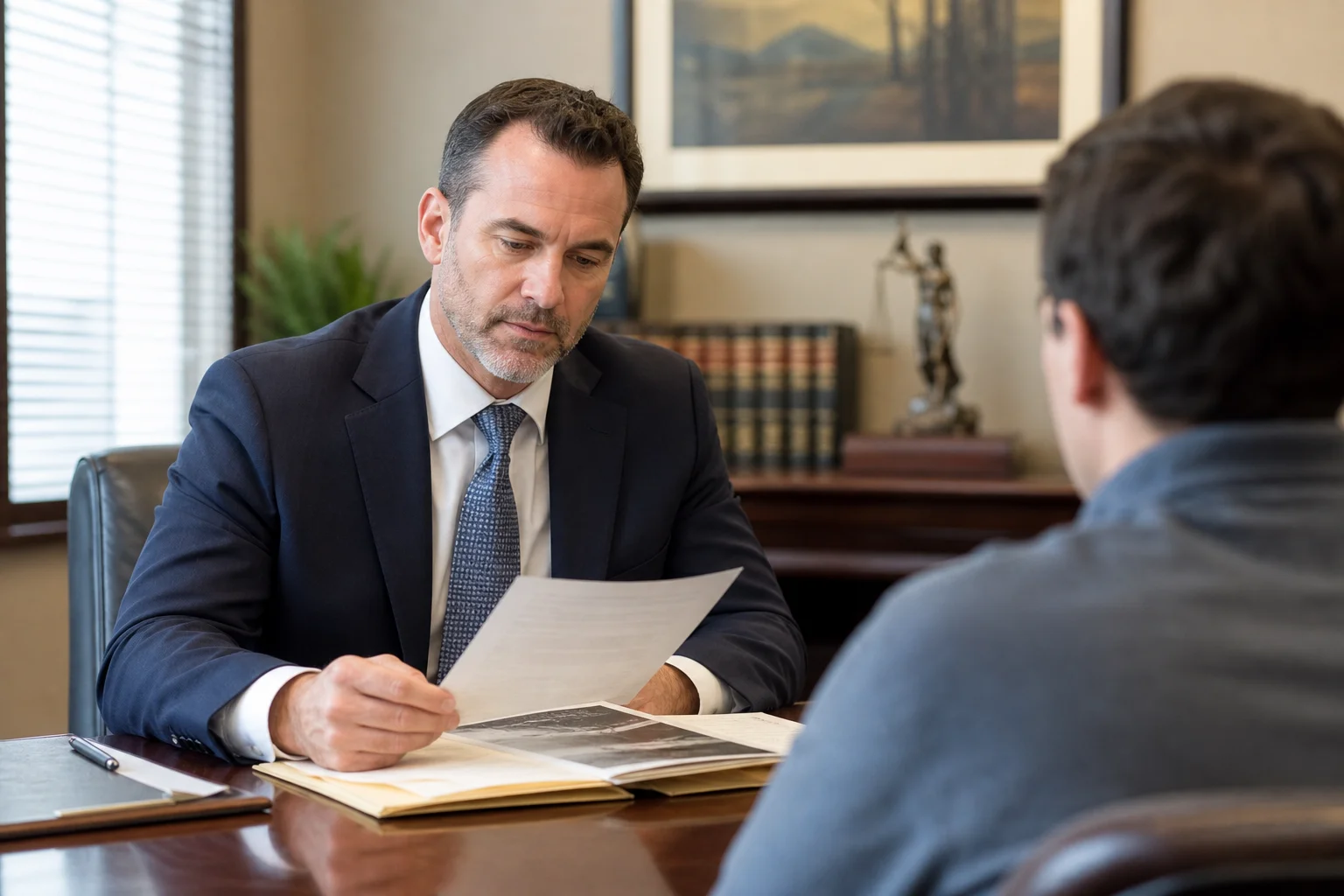 Valley Accident Law | What to Do When the Insurer Blames You for Part of an Arizona Crash Attorney reviewing a police report and medical records with a client after an Arizona car accident