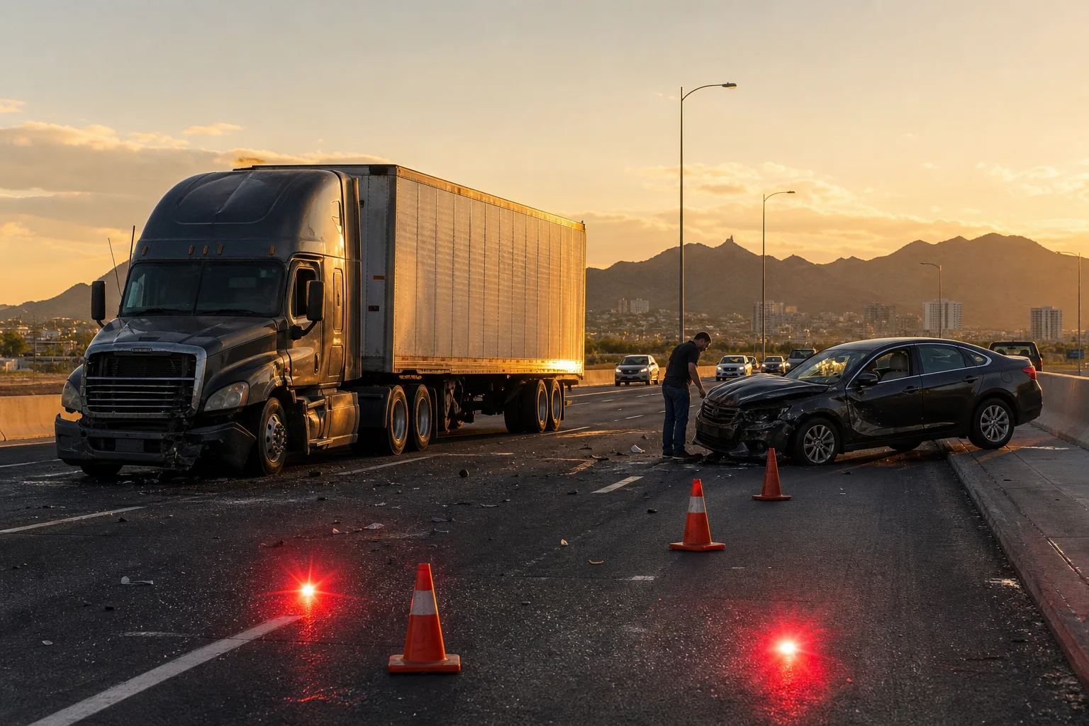 Commercial truck crash scene on a Phoenix freeway with a semi-truck stopped near a damaged passenger car