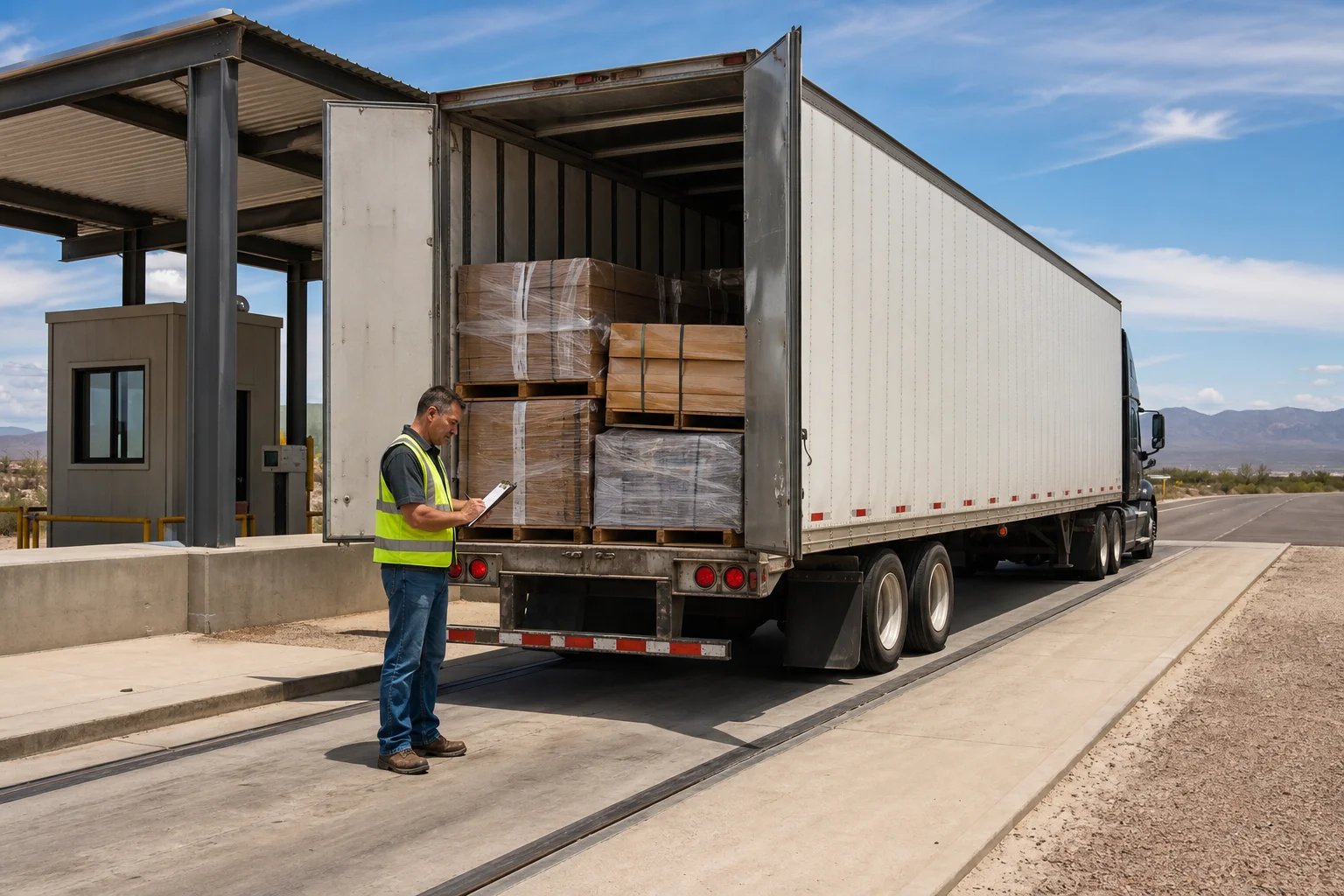 Valley Accident Law | Who Is Actually Liable After a Commercial Truck Crash in Phoenix: Driver, Carrier, Broker, or Cargo Loader Overloaded semi-truck trailer being weighed and inspected at a roadside commercial truck scale in Arizona