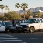 Police cruiser and municipal truck stopped at a Phoenix intersection, the scene left after someone is hit by a city truck or police car in Phoenix Police cruiser and municipal truck stopped at a Phoenix intersection, the scene left after someone is hit by a city truck or police car in Phoenix