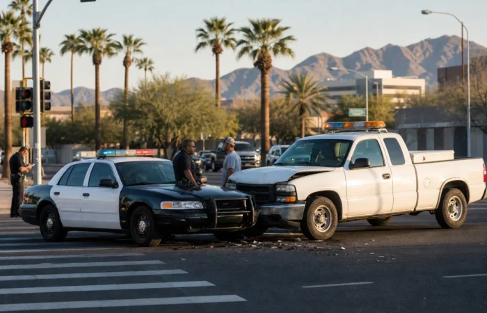 Police cruiser and municipal truck stopped at a Phoenix intersection, the scene left after someone is hit by a city truck or police car in Phoenix Police cruiser and municipal truck stopped at a Phoenix intersection, the scene left after someone is hit by a city truck or police car in Phoenix