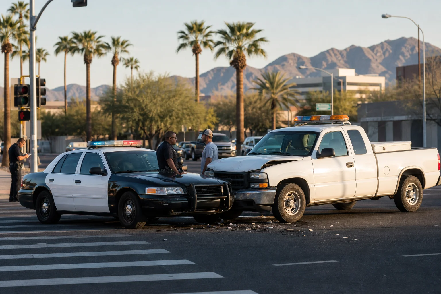 Valley Accident Law | Hit by a City Truck or Police Car in Phoenix: The 180 Day Notice of Claim Deadline Police cruiser and municipal truck stopped at a Phoenix intersection, the scene left after someone is hit by a city truck or police car in Phoenix