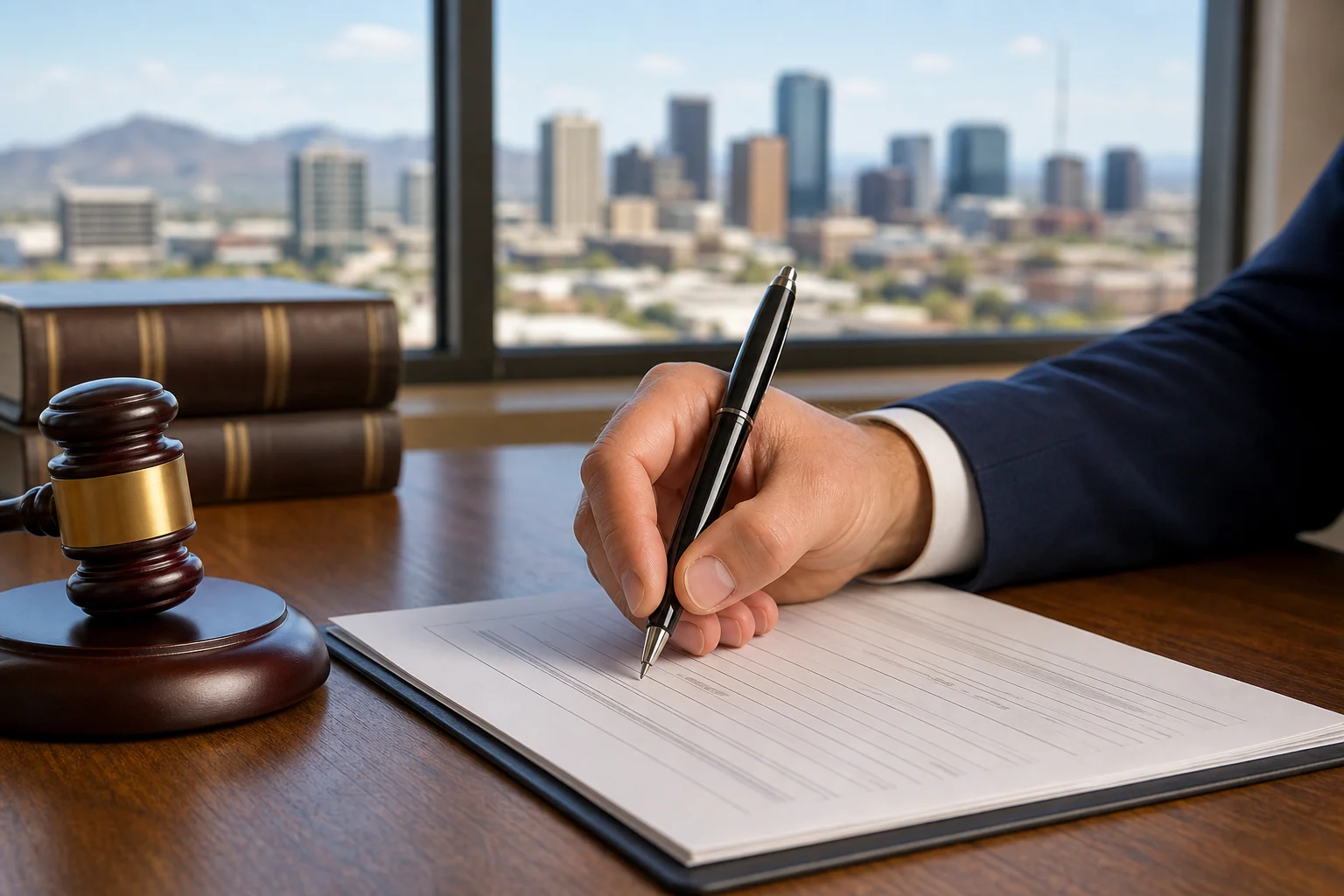 Valley Accident Law | Hit by a City Truck or Police Car in Phoenix: The 180 Day Notice of Claim Deadline Attorney signing a Notice of Claim document at a desk with the Phoenix skyline visible through the window