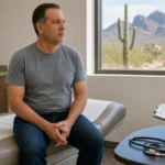 Injured claimant sitting in an Arizona medical exam room waiting to meet the insurance company’s doctor Injured claimant sitting in an Arizona medical exam room waiting to meet the insurance company's doctor