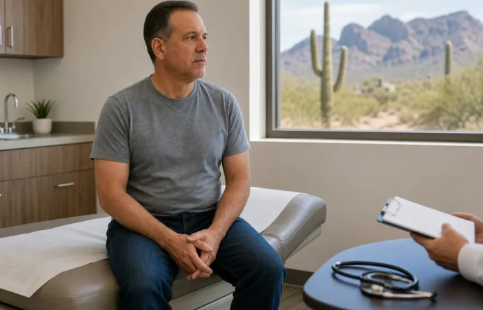 Injured claimant sitting in an Arizona medical exam room waiting to meet the insurance company’s doctor Injured claimant sitting in an Arizona medical exam room waiting to meet the insurance company's doctor
