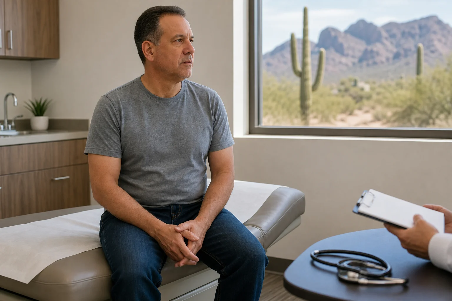 Injured claimant sitting in an Arizona medical exam room waiting to meet the insurance company's doctor