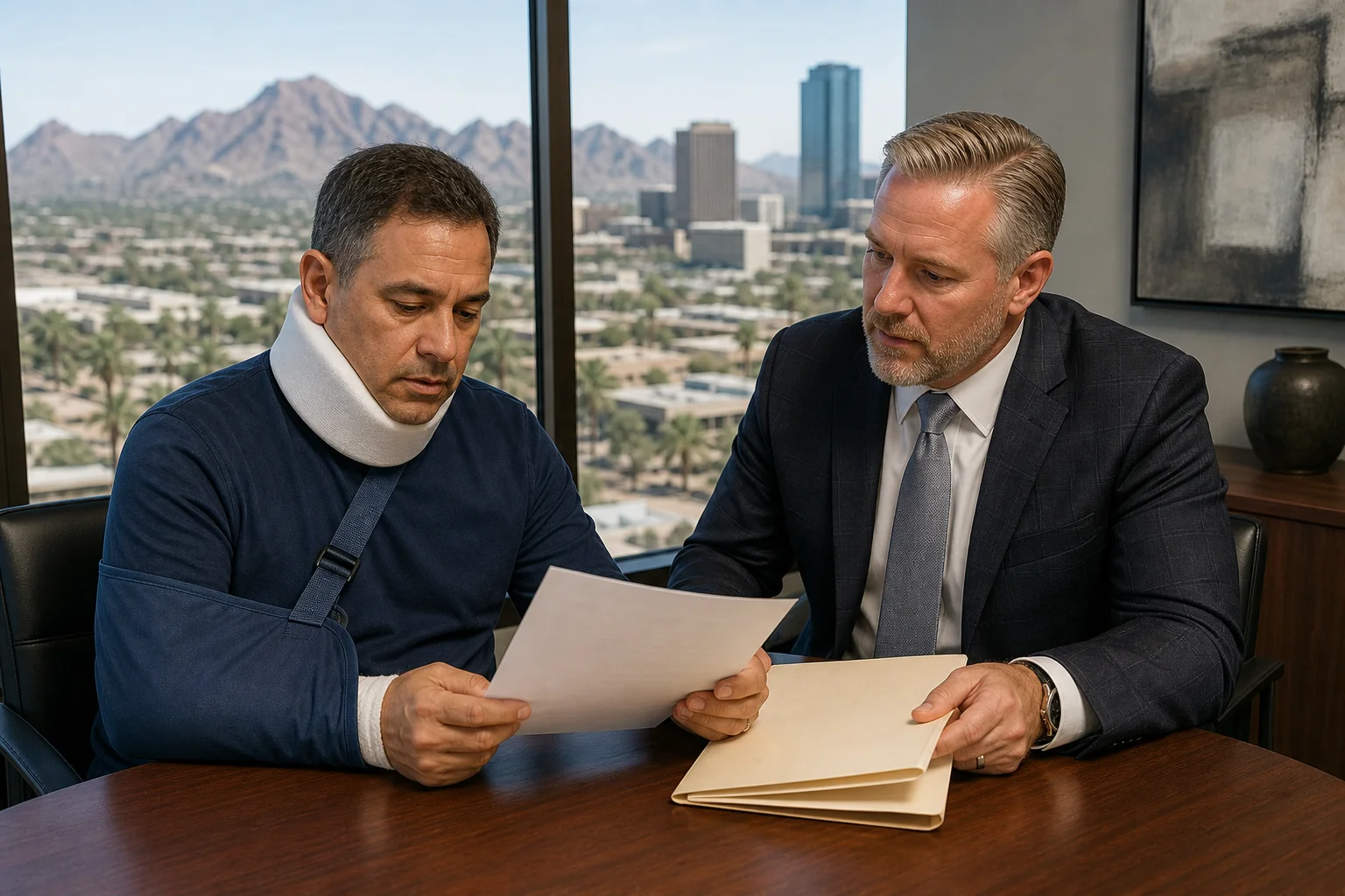 Valley Accident Law | The Insurance Company's Doctor: What an Arizona IME Really Is and How to Prepare Injured accident victim reviewing medical exam paperwork with an attorney before an appointment