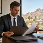 Arizona personal injury attorney reviewing case costs and fee agreement paperwork at a Scottsdale office desk Arizona personal injury attorney reviewing case costs and fee agreement paperwork at a Scottsdale office desk
