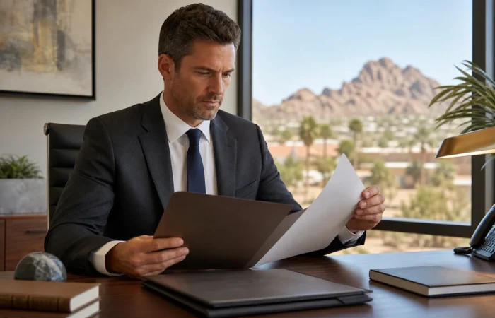 Arizona personal injury attorney reviewing case costs and fee agreement paperwork at a Scottsdale office desk Arizona personal injury attorney reviewing case costs and fee agreement paperwork at a Scottsdale office desk
