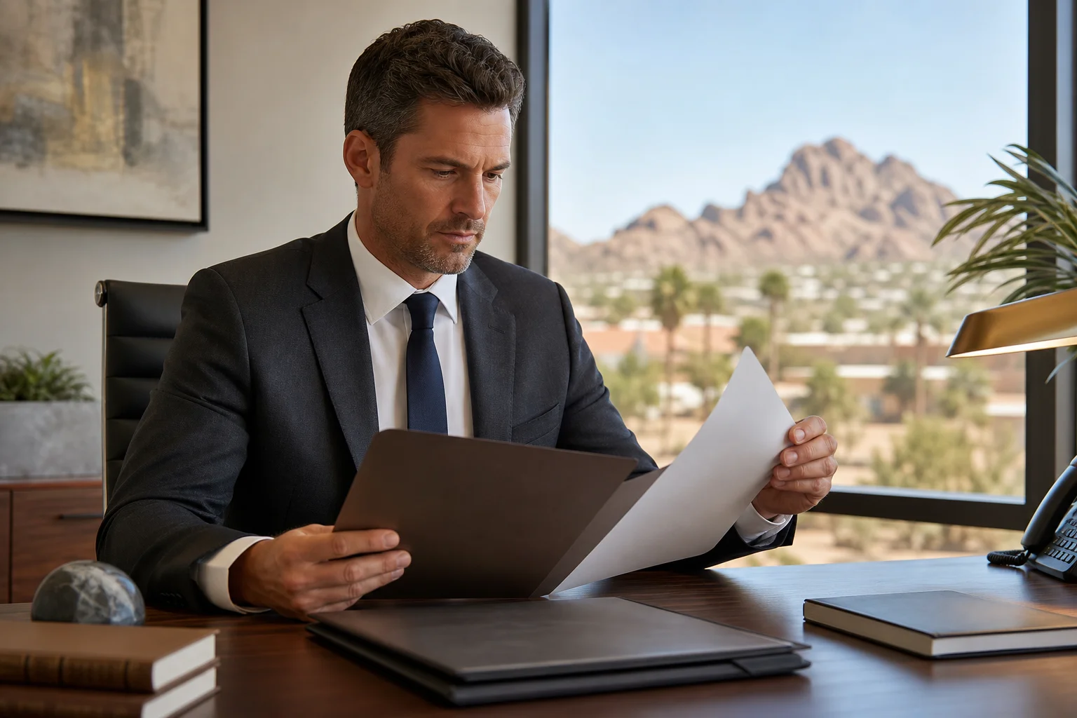 Arizona personal injury attorney reviewing case costs and fee agreement paperwork at a Scottsdale office desk