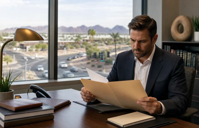 Scottsdale personal injury attorney reviewing punitive damages case file for a drunk driving accident claim Scottsdale personal injury attorney reviewing punitive damages case file for a drunk driving accident claim