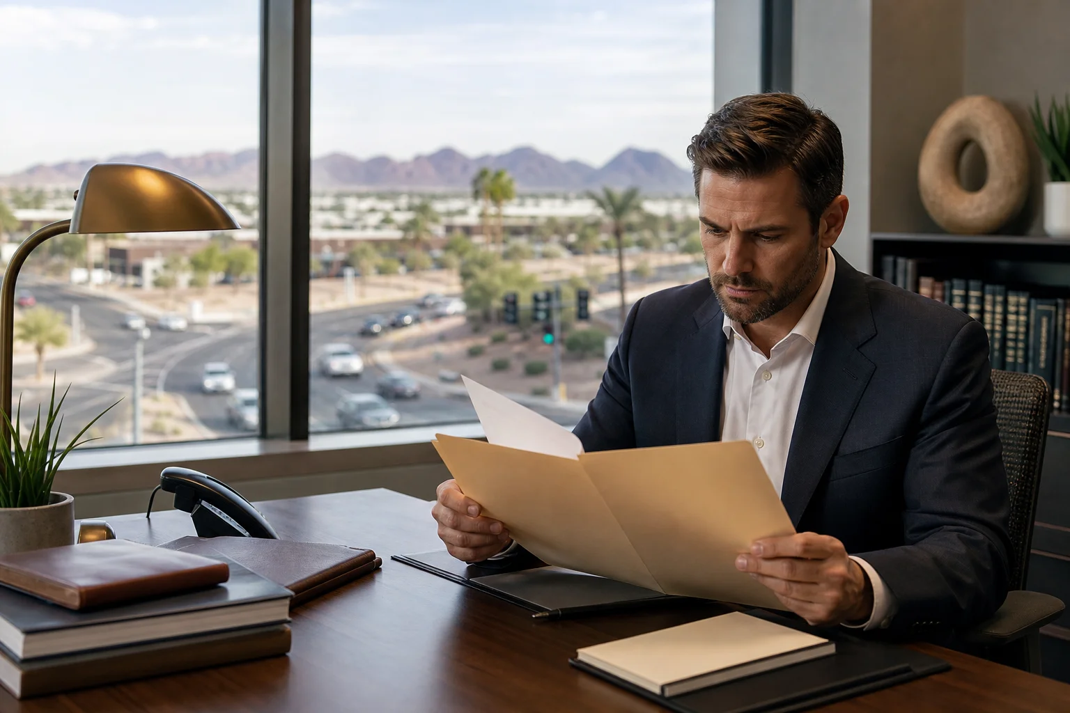 Valley Accident Law | Punitive Damages Against a Drunk Driver in Arizona: The Evil Mind Standard Scottsdale personal injury attorney reviewing punitive damages case file for a drunk driving accident claim