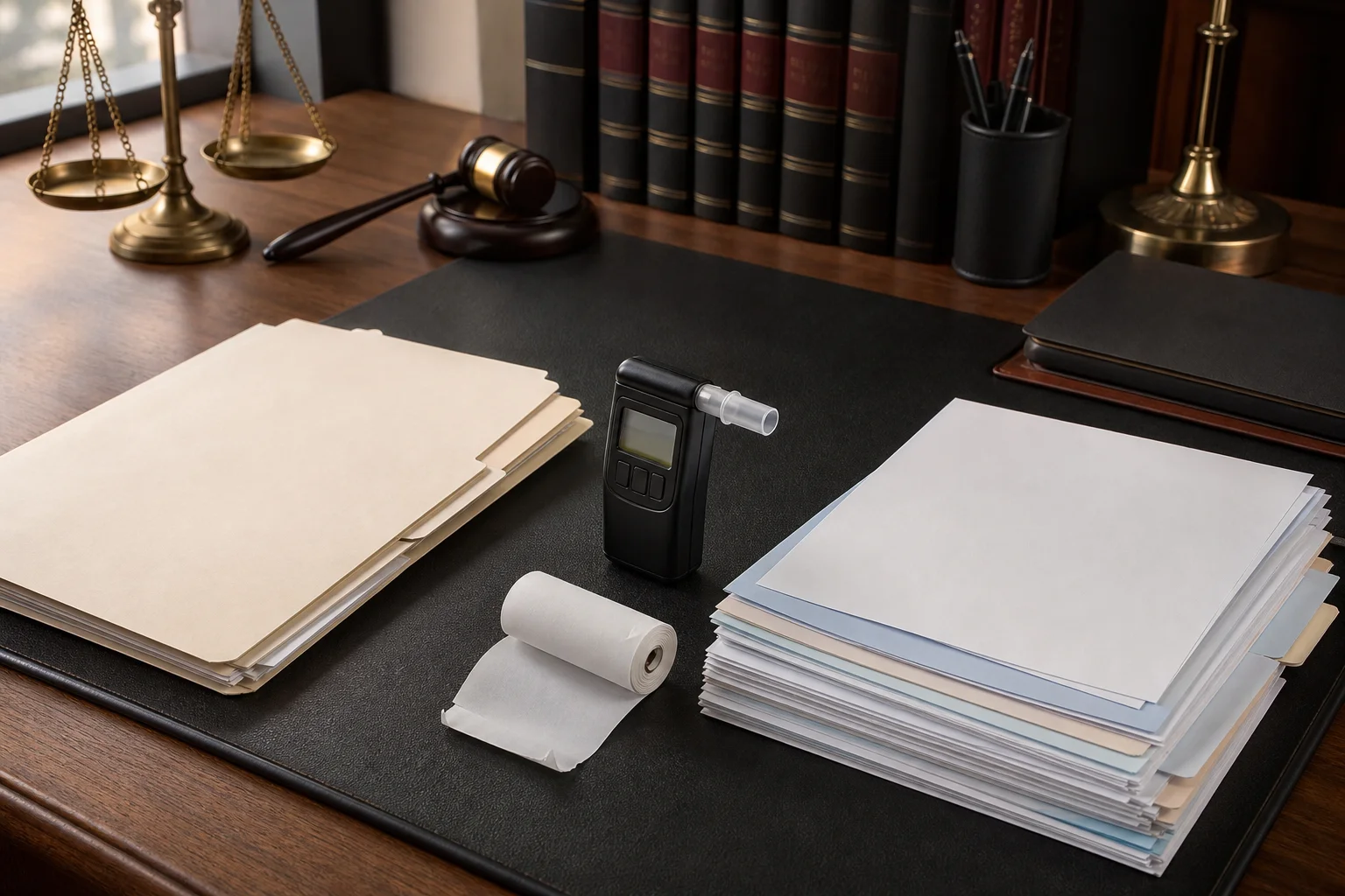 Valley Accident Law | Punitive Damages Against a Drunk Driver in Arizona: The Evil Mind Standard Arizona courtroom evidence table showing police report, breathalyzer printout, and medical bills used in a punitive damages case