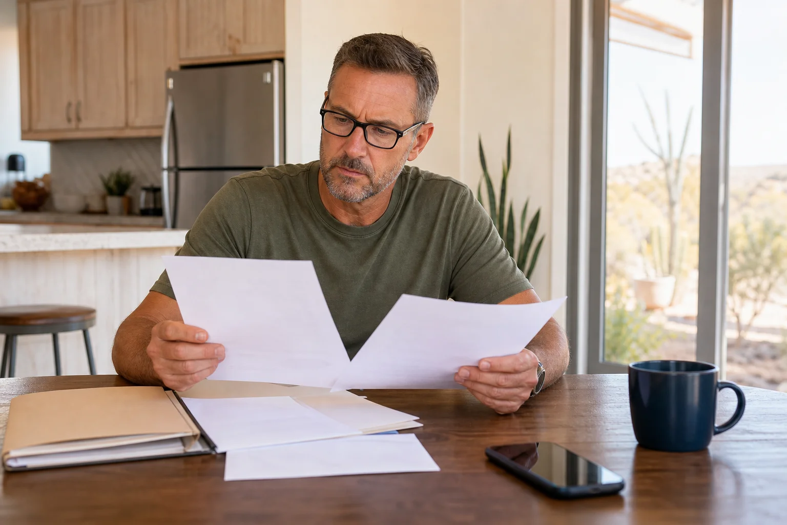 Valley Accident Law | Small Claims Court or an Injury Claim: What Arizona's Limit Means for a Minor Crash Driver at a kitchen table reviewing a car accident repair estimate and insurance paperwork