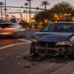 Damaged vehicle at a Scottsdale intersection representing ARS 28-661 decoded, Arizona’s hit and run law Damaged vehicle at a Scottsdale intersection representing ARS 28-661 decoded, Arizona's hit and run law