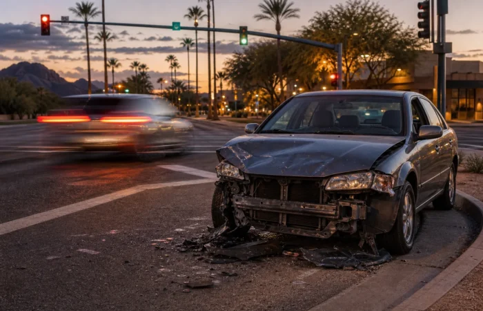 Damaged vehicle at a Scottsdale intersection representing ARS 28-661 decoded, Arizona’s hit and run law Damaged vehicle at a Scottsdale intersection representing ARS 28-661 decoded, Arizona's hit and run law