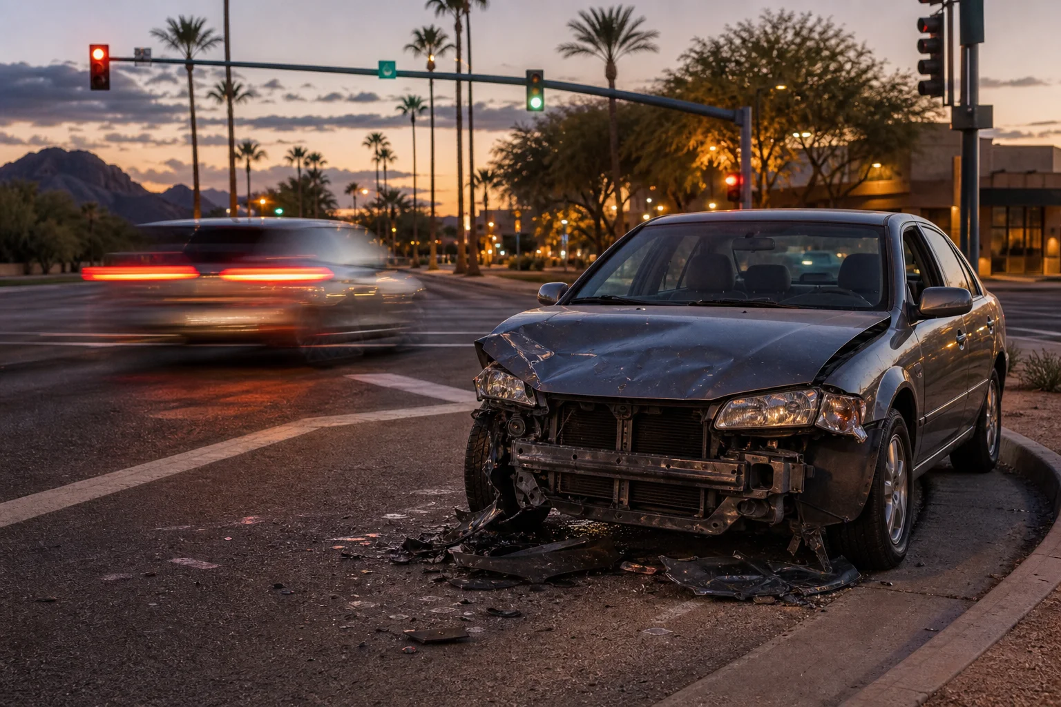 Valley Accident Law | ARS 28-661 Decoded: What Arizona's Hit and Run Law Proves About Fault in Your Claim Damaged vehicle at a Scottsdale intersection representing ARS 28-661 decoded, Arizona's hit and run law
